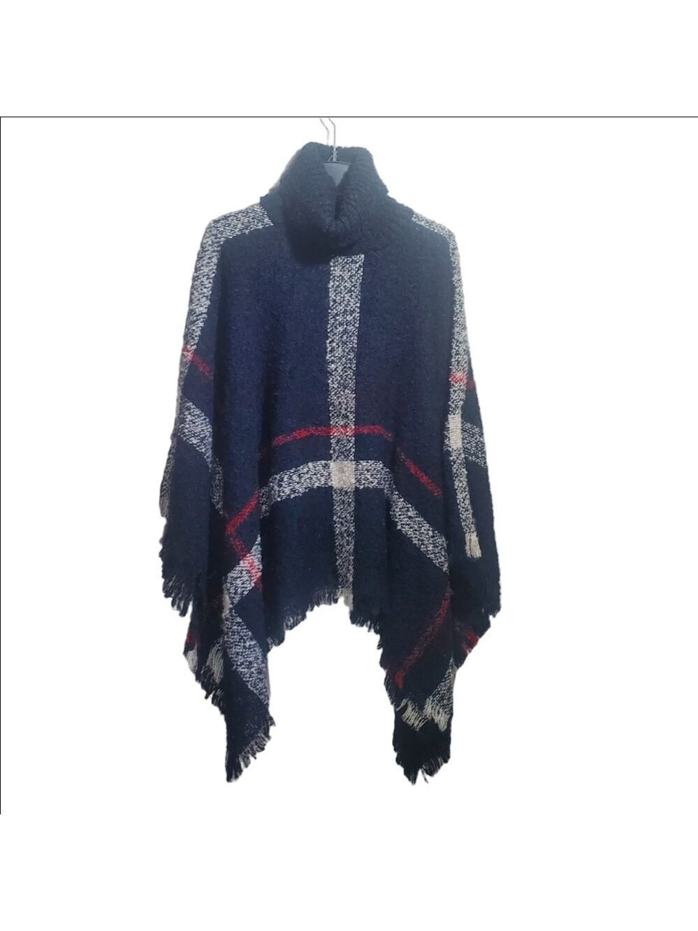 Navy Plaid Turtleneck Sweater Poncho with Fringe NWOT